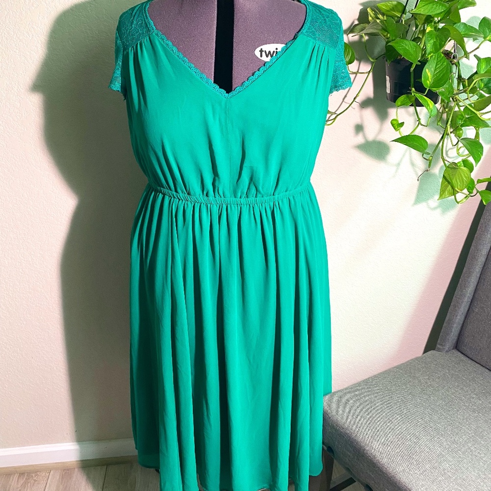 Torrid Brand Green Dress with Lace Detail and Lace Cap Sleeves